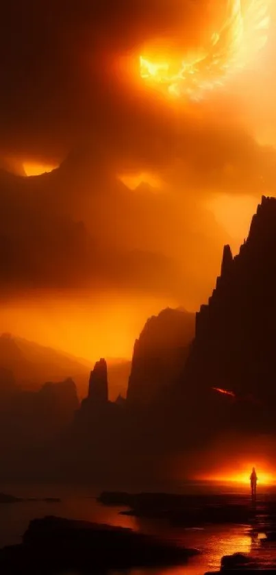 Fiery landscape with mountains and a glowing phoenix in the sky.