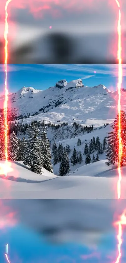 Snowy mountains with fiery sky accents mobile wallpaper.