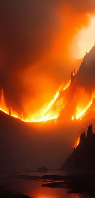 Fiery landscape with glowing red and orange mountains.