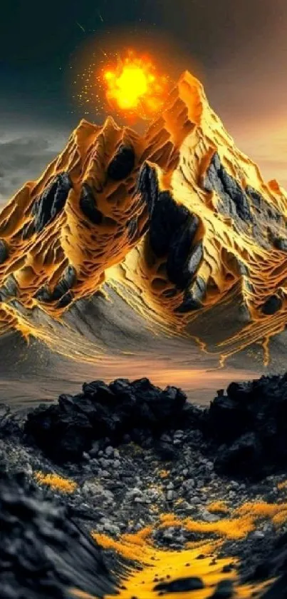 Fiery mountain peak with glowing summit in vivid landscape.