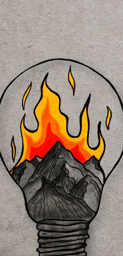 Light bulb with fiery mountain illustration on gray background.