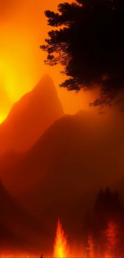 Fiery mountain silhouette with glowing orange sky and dark trees.