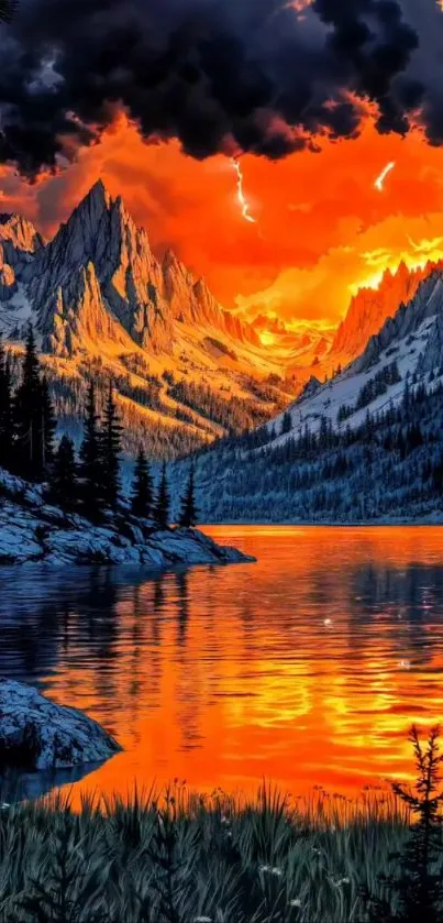 Fiery sunset over mountains and lake reflection.