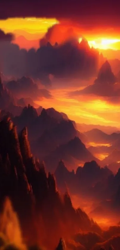 Breathtaking fiery sunset over mountain peaks in vivid orange and red hues.