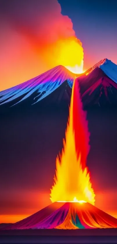 Stunning fiery volcano eruption at sunset with vibrant colors.