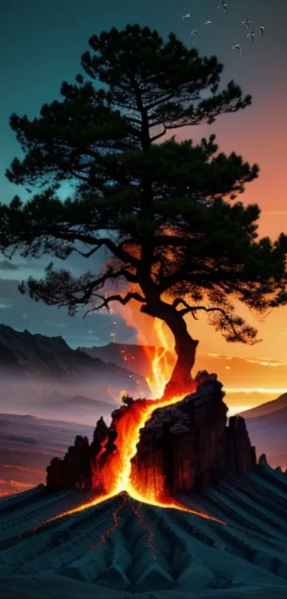 Tree atop fiery lava mountain at sunset.