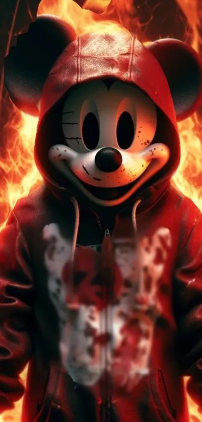 Cartoon mouse in red hoodie with fiery background.