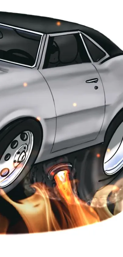 Illustrated muscle car bursting through flames with dynamic motion.