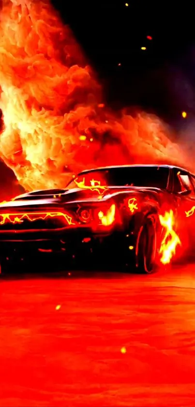 Muscle car engulfed in fiery red flames mobile wallpaper.