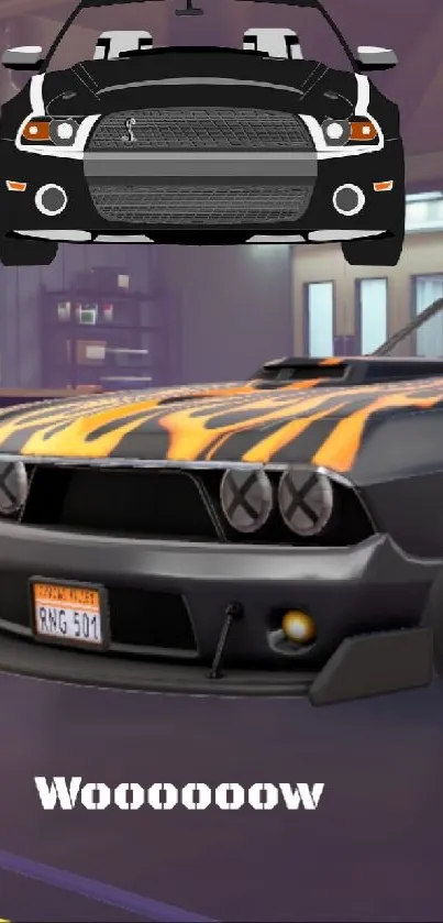 Muscle car with fiery flames in a garage setting.