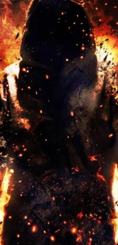 A hooded figure surrounded by flames and sparks on a dark background wallpaper.