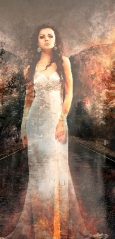 Mystical woman in fiery artistic wallpaper with nature elements.