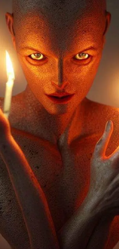 Mystical creature with fiery glow and intense gaze surrounded by candlelight.