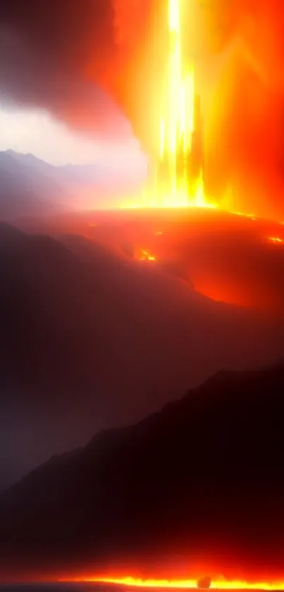 Fiery mystical landscape with glowing horizon and dark mountains.