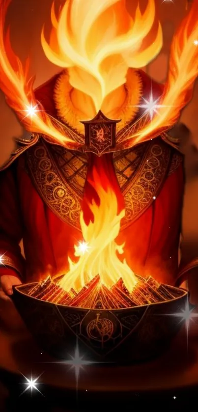 Mystical figure surrounded by vibrant fiery flames.