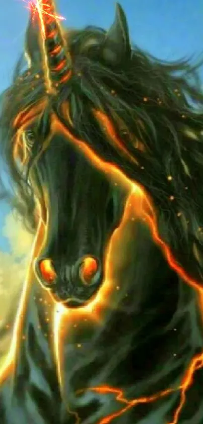 Black unicorn with fiery accents on a fantasy themed wallpaper.