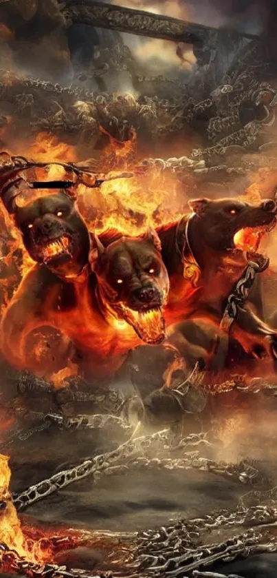 Three-headed creature in fiery chains wallpaper.