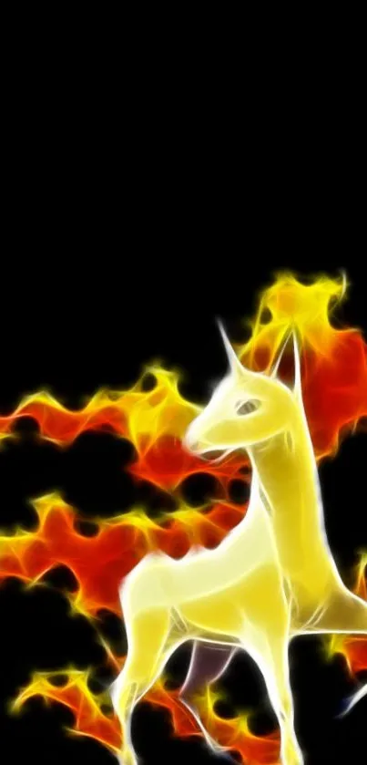 Fiery unicorn with glowing flames on black background, perfect for mobile wallpaper.