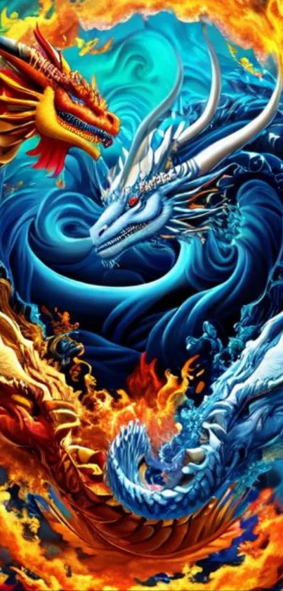 Mythical dragons in fiery blue and orange flames wallpaper.