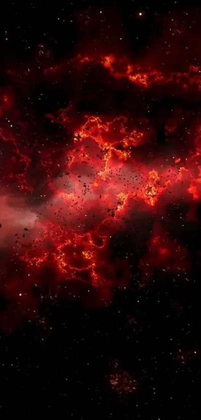 Fiery red nebula illuminated in dark space with starry background.