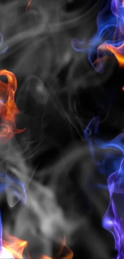 Fiery neon flame wallpaper with blue and orange flames on a black background.