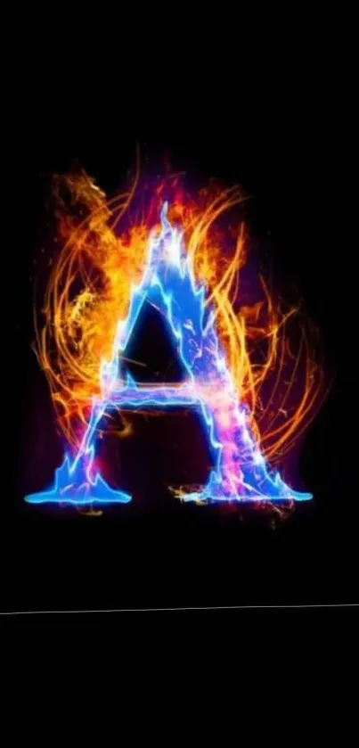 Fiery neon letter 'A' with colorful flames on a black background.