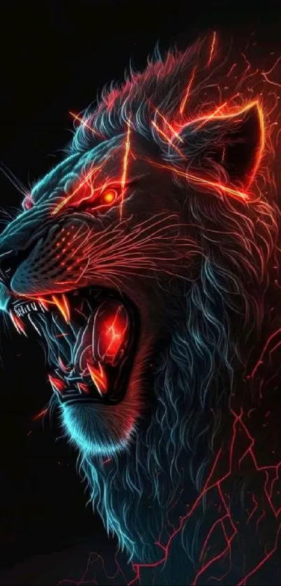 Neon lion with fiery mane on a dark background.