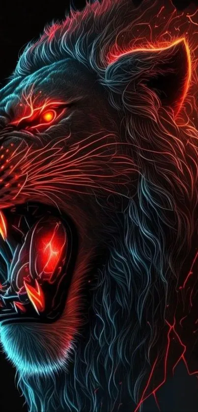 Fiery neon lion roaring with glowing hues.