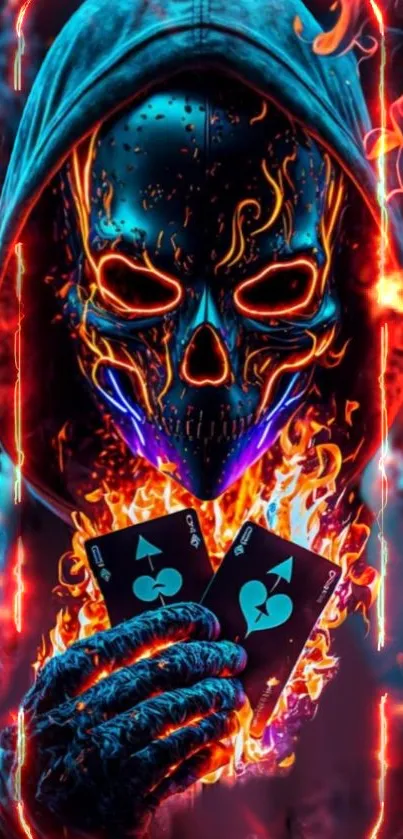 Neon masked figure with fiery cards and vibrant flames in a dynamic wallpaper.