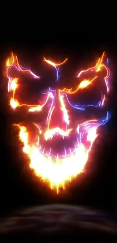 Fiery neon skull artwork on a dark background.