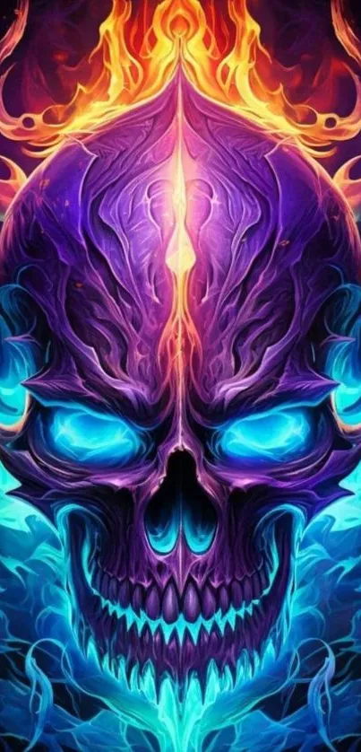 Fiery neon skull wallpaper with vibrant blue and orange flames.