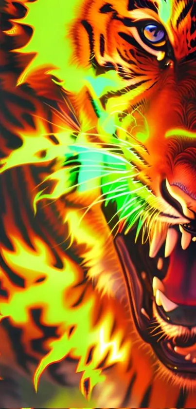 Fiery artwork of a roaring neon tiger in vibrant colors.