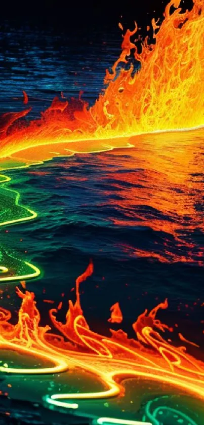 Fiery neon flames on ocean waves wallpaper.