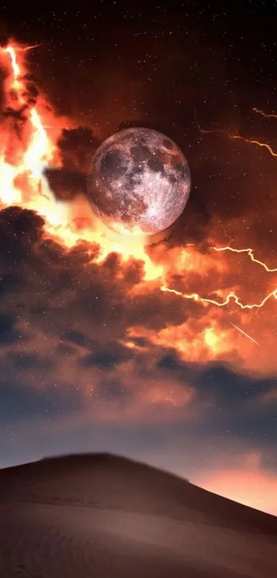 Mobile wallpaper of a fiery night sky with a glowing moon and vibrant lightning.