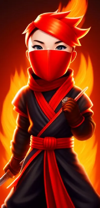 Fiery ninja warrior in dynamic pose with vibrant orange flames.