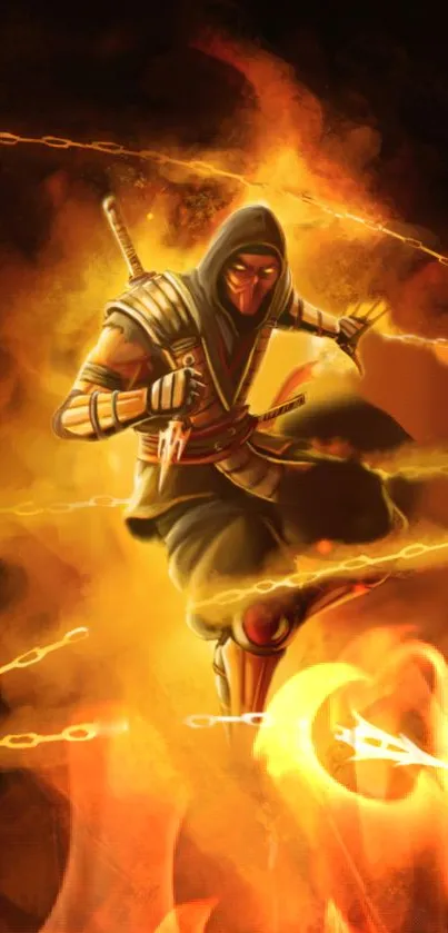 Fiery ninja warrior with flames background mobile wallpaper.