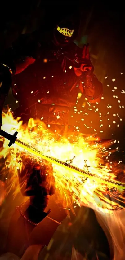 Ninja with flaming sword in dark background wallpaper.