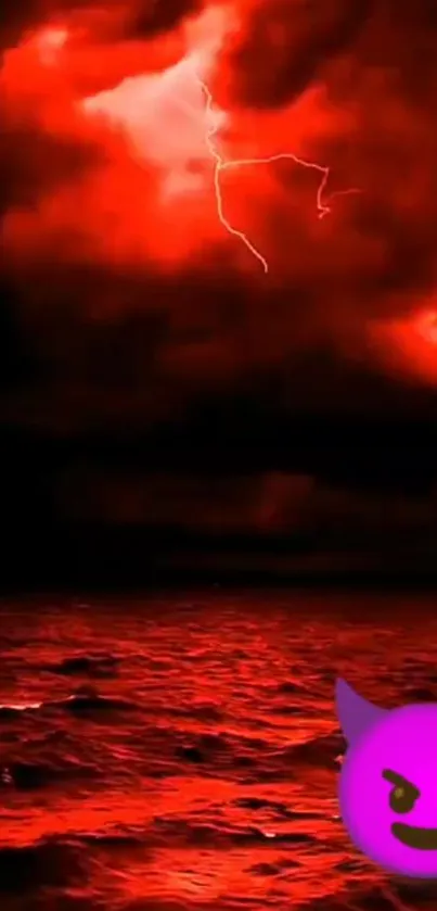 Fiery red ocean under a dark stormy sky with lightning.