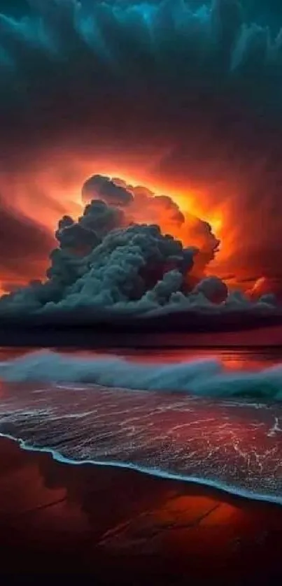 Vibrant orange sky over ocean waves at sunset, creating a dramatic scene.