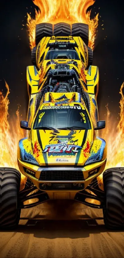 Yellow monster truck with fiery flames on a mobile wallpaper.