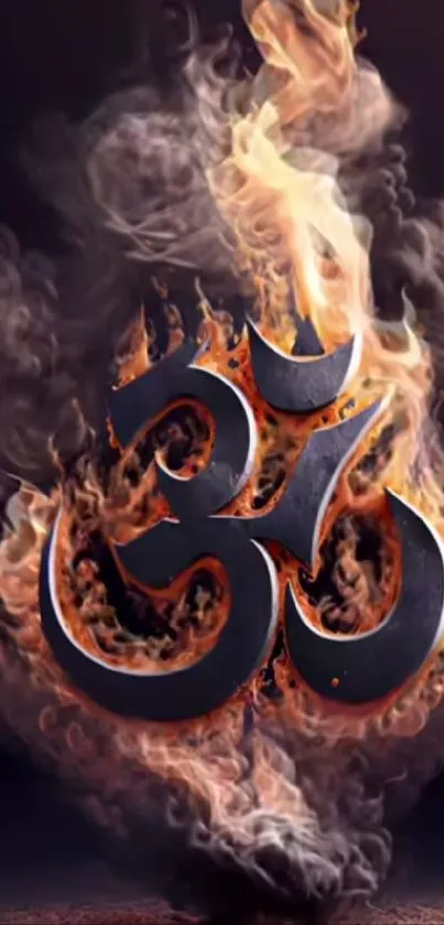 Vibrant Om symbol with fiery flames on a dark background.