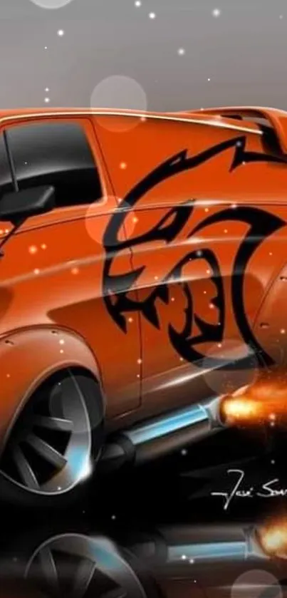 Fiery orange van with black design and flames on wheels.