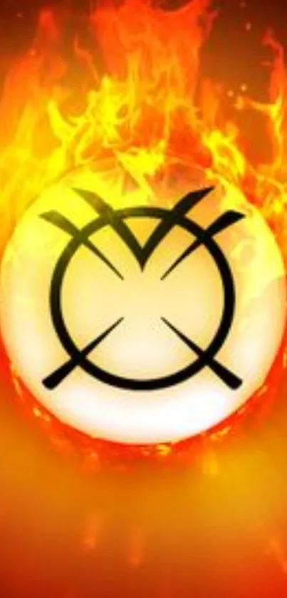 Fiery orb with mystical symbol on mobile wallpaper.