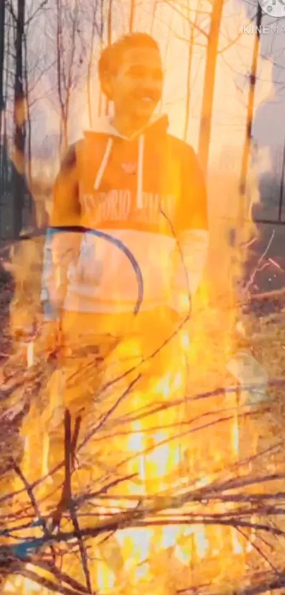 Person amidst vibrant flames in forest background.