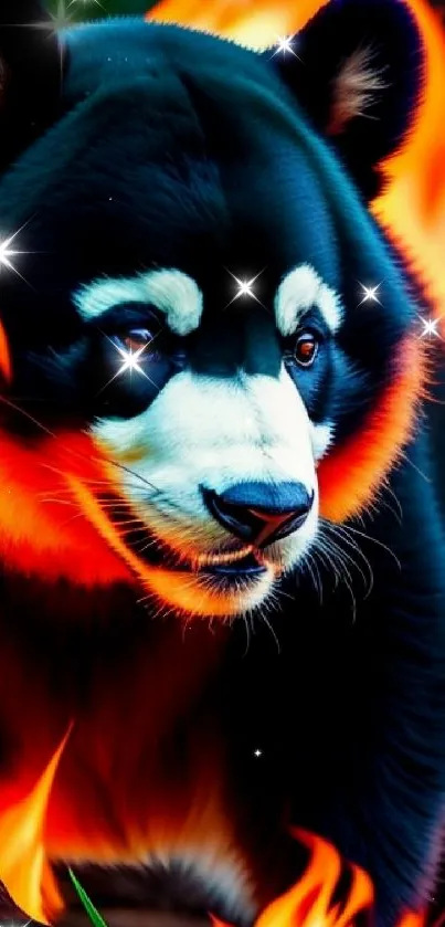 Panda surrounded by vibrant flames in an artistic display.