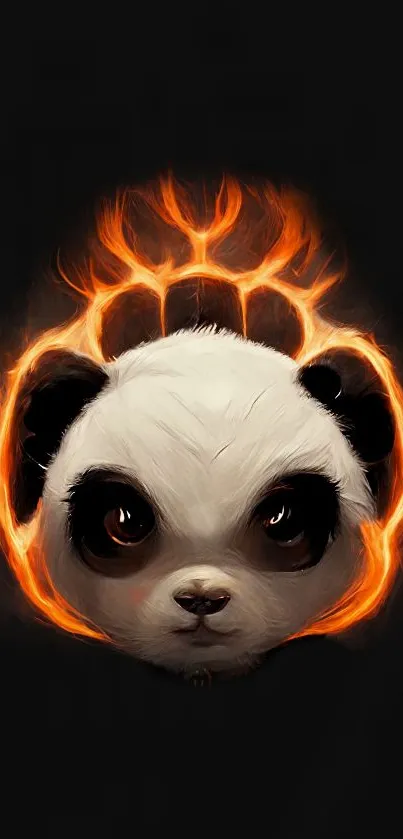 Panda with fiery ring on dark background.