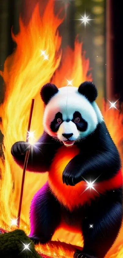 Panda surrounded by flames in a forest, digital art wallpaper.