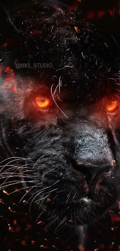 Intense black panther with fiery eyes in dramatic wallpaper.