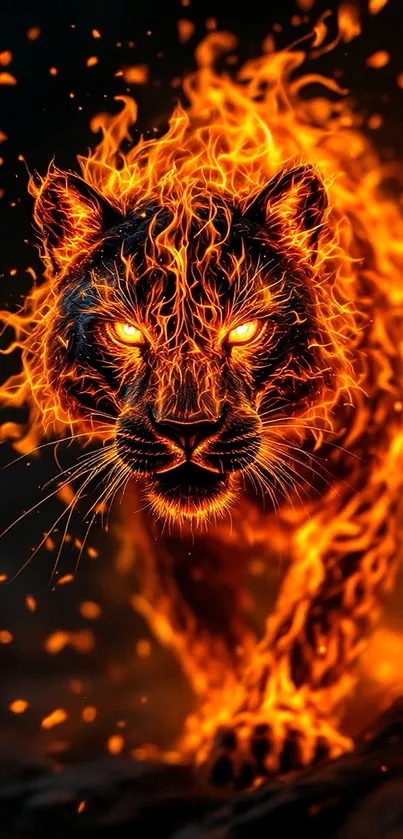 Flaming panther walking in vibrant digital art.