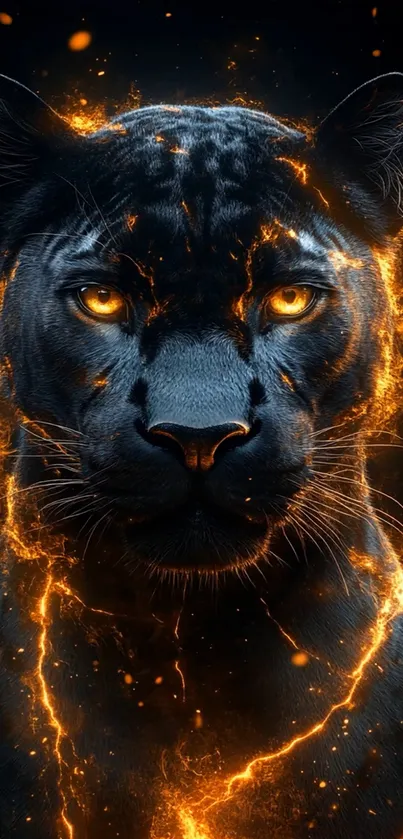 Fiery black panther with glowing flames background.